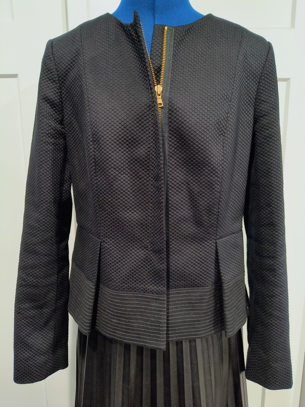 Ann Taylor Black Textured Zip-Front Blazer with Gold Hardware